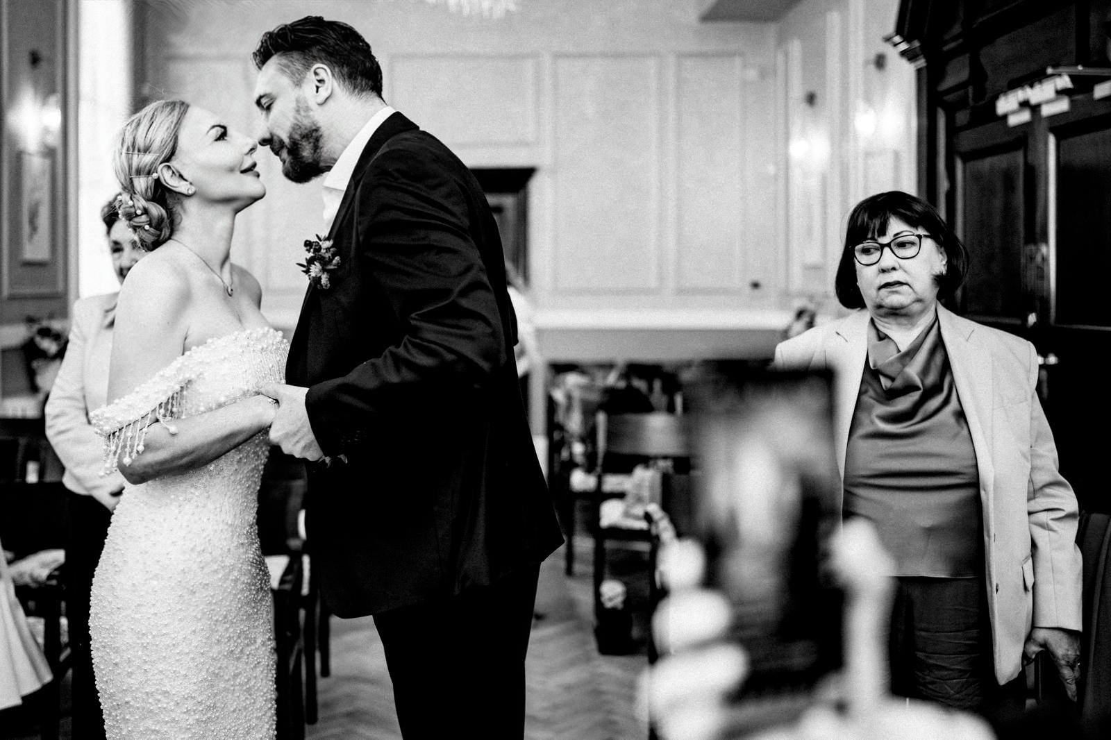 A tender, intimate moment shared between the loving bride and groom.